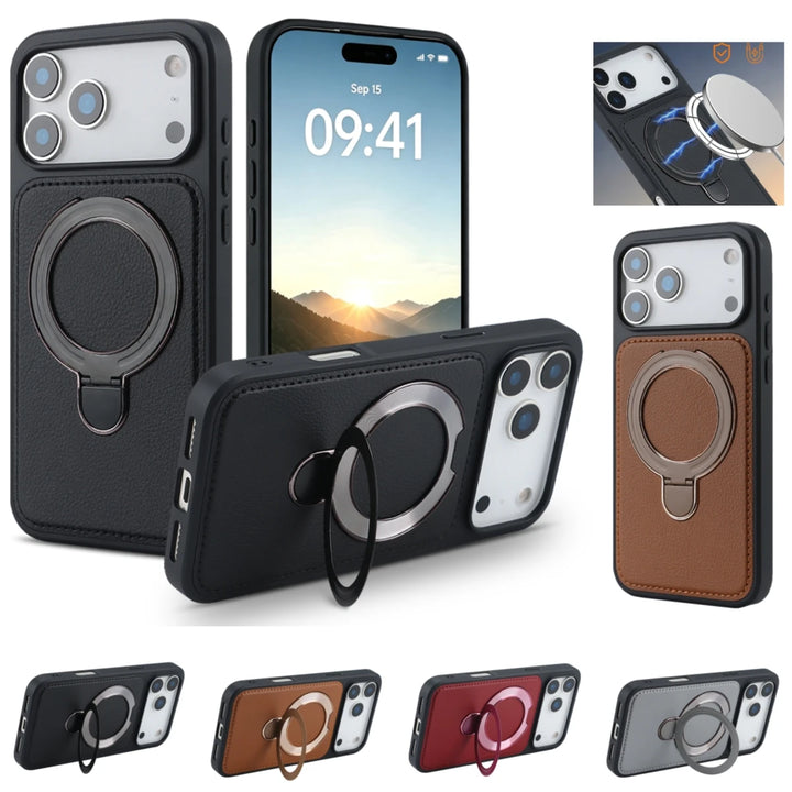Leather Magnetic Ring Stand Case for iPhone