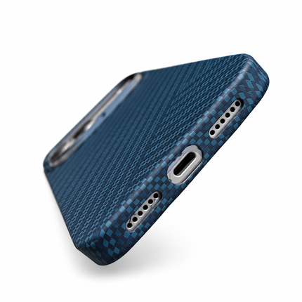 Blue carbon fibre case bottom port detail