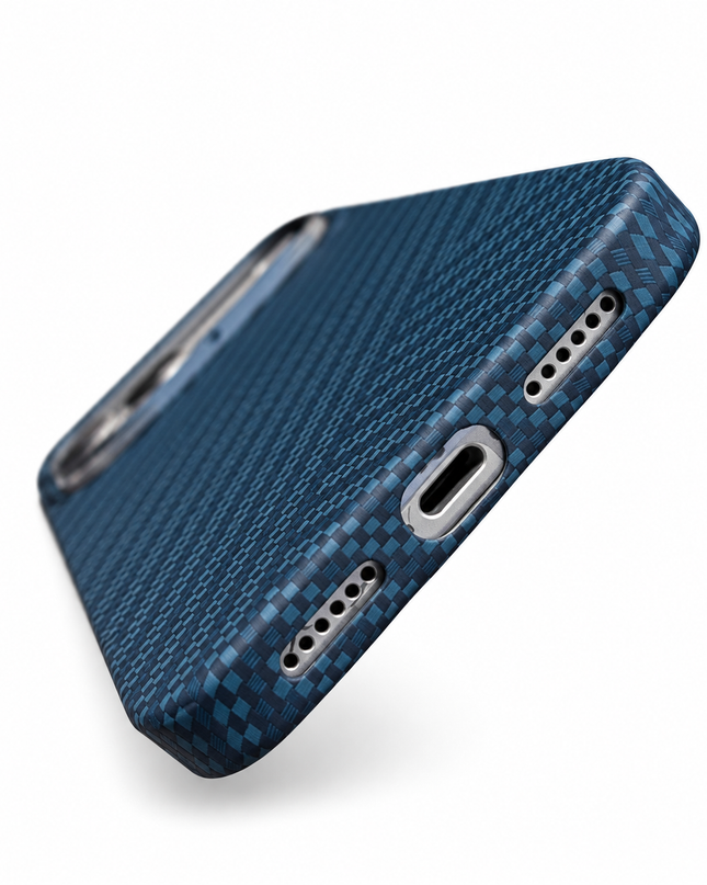 Blue carbon fibre case bottom port detail