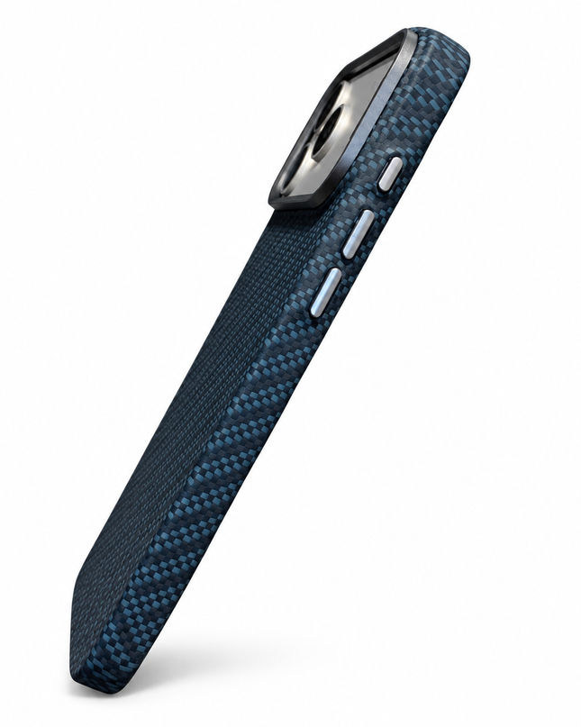 Blue carbon fibre case side button detail